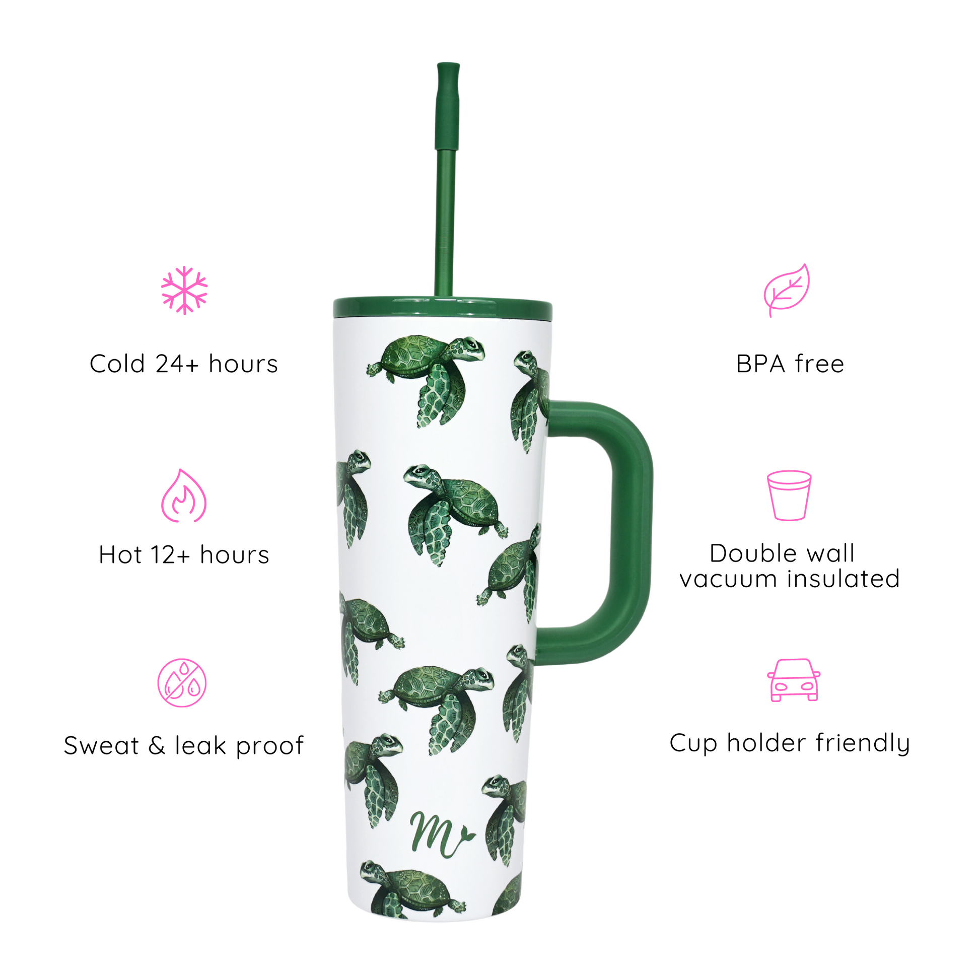 tumbler with handle, turtle tumbler, save the turtles tumbler, trendy 30oz cup, leakproof tumbler, cute trendy cup, travel mug, straw included, keeps drinks cold, aesthetic cup