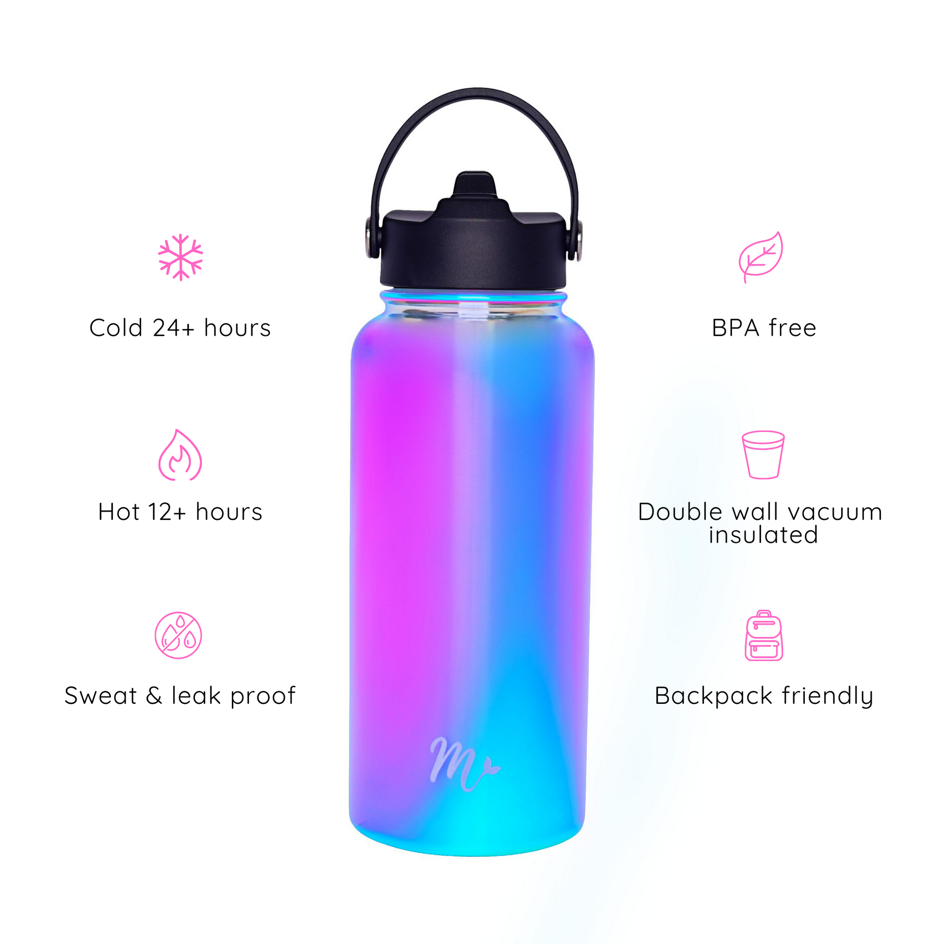 chrome water bottle, iridescent water bottle, water flask, travel bottle, keeps drinks cold, aesthetic water bottle, straw bottle