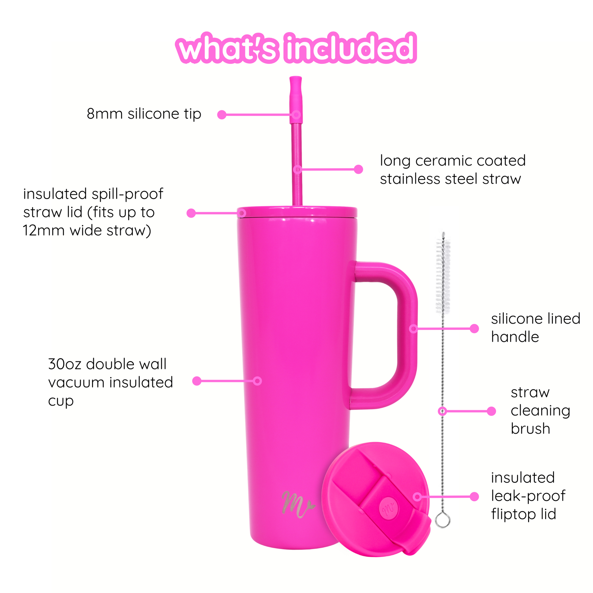 barbie pink tumbler, hot pink tumbler, tumbler with handle, trendy 30oz cup, leakproof tumbler, cute trendy cup, travel mug, straw included, keeps drinks cold, aesthetic cup
