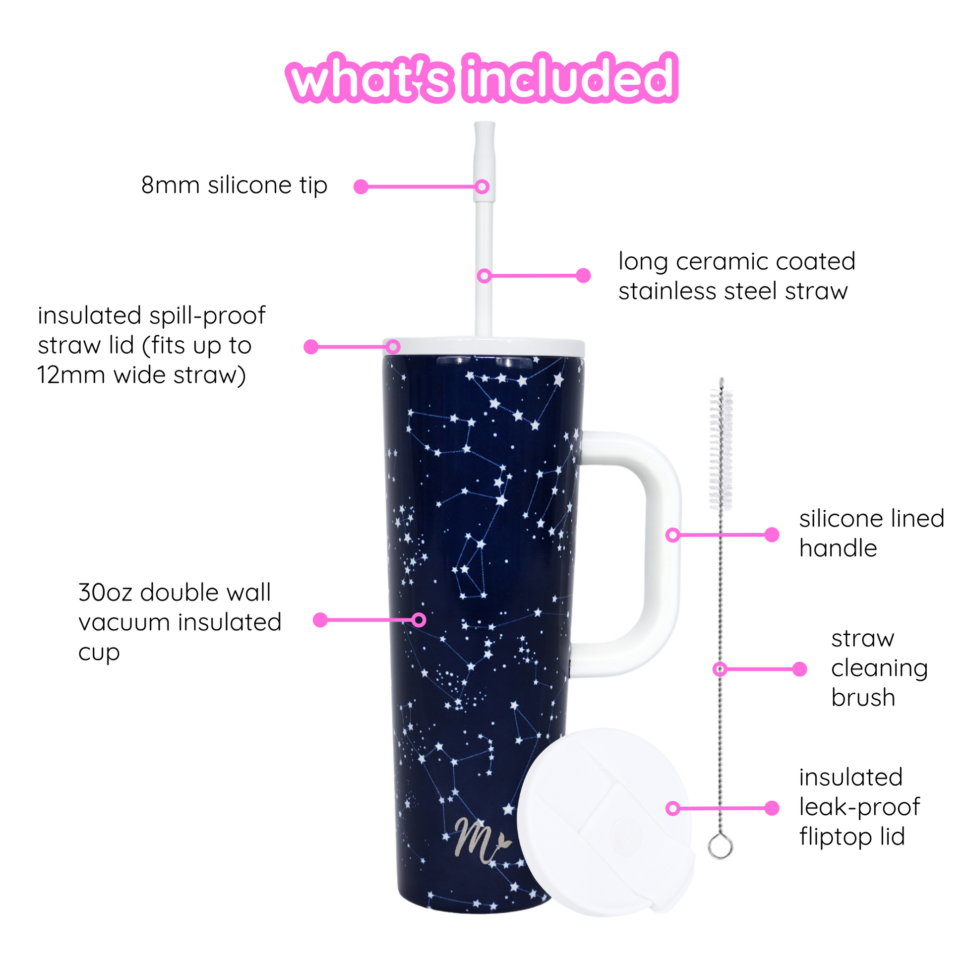 space tumbler, zodiac tumbler, tumbler with handle, trendy 30oz cup, leakproof tumbler, cute trendy cup, travel mug, straw included, keeps drinks cold, aesthetic cup