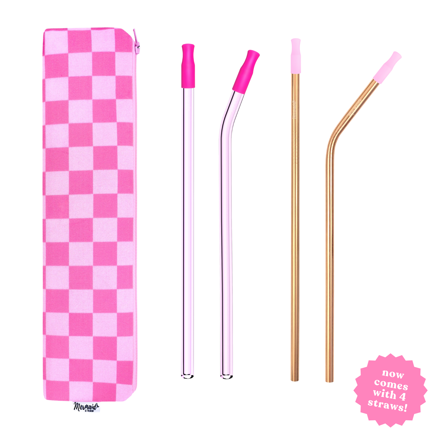 handmade pink checker zipper pouch straw pack with two pink glass straws, two rose gold straws and silicone straw tips