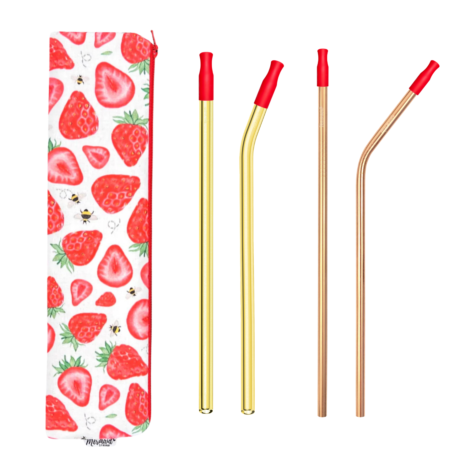 Mermaid Straw strawberry something zipper pouch with two glass straws, two stainless steel straws and silicone straw tips