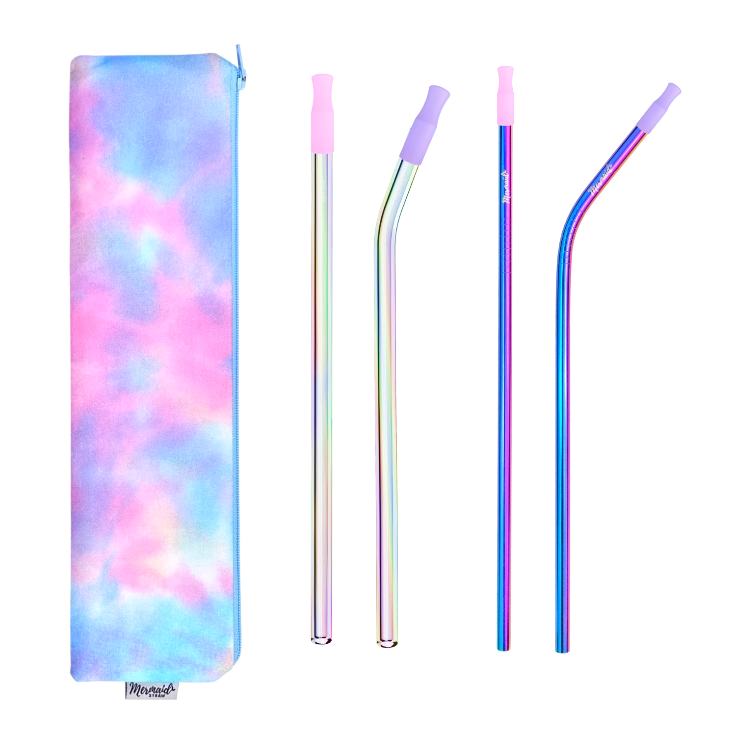 Handmade pastel tie dye zipper pouch with two glass straws, two mermaid straw metal straws and silicone straw tips