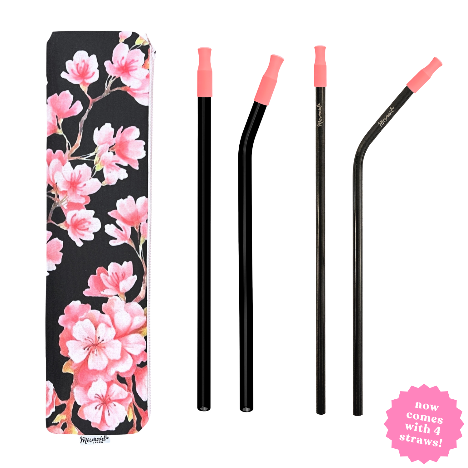 handmade cherry blossom zipper pouch pack with two stainless steel straws and 2 black glass straws; mermaid straw