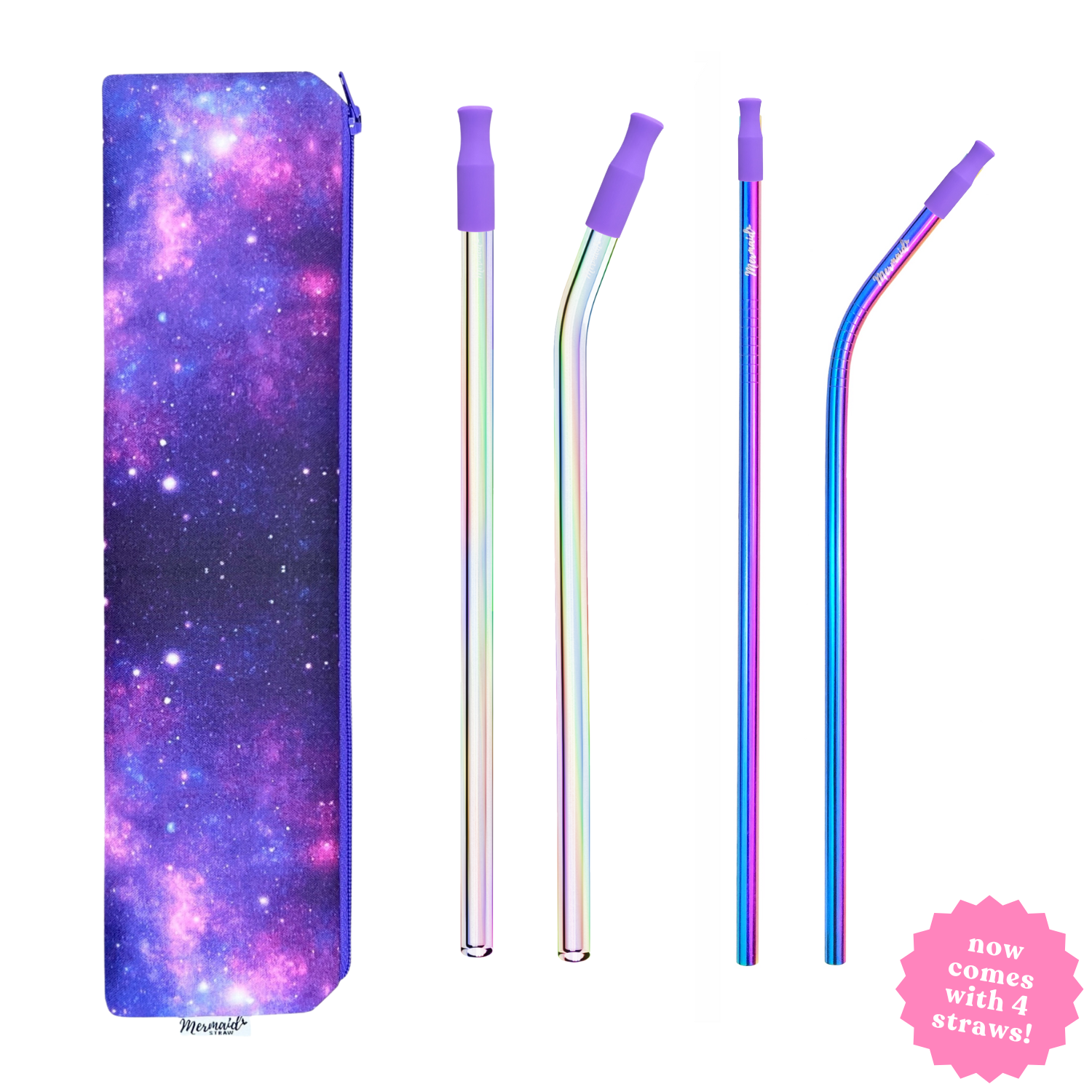 handmade galaxy zipper pouch with two mermaid glass straws and two mermaid stainless steel straws; mermaid straw