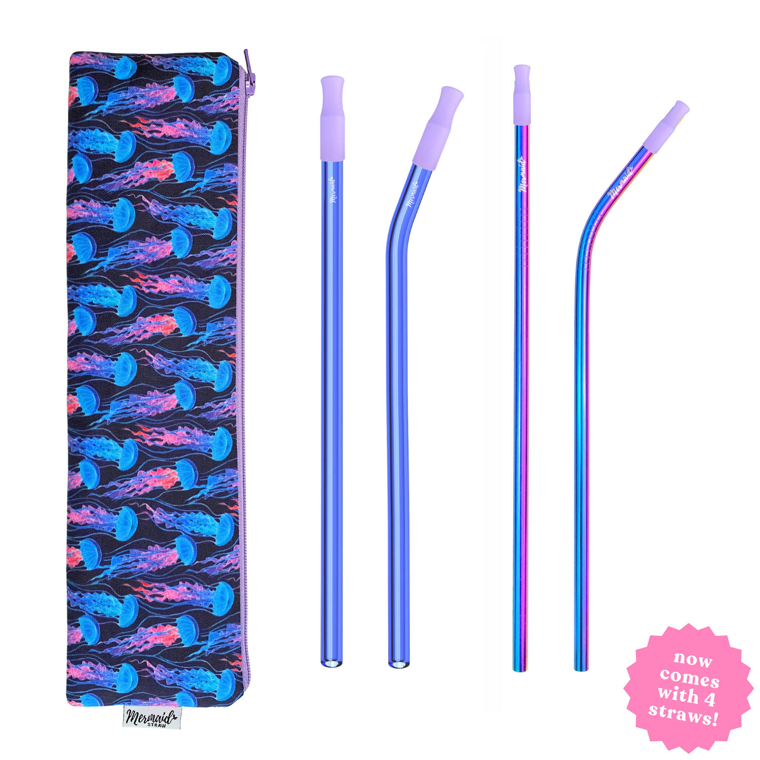 handmade jellyfish zipper pouch with two blue glass straws and two mermaid stainless steel straws; mermaid straw