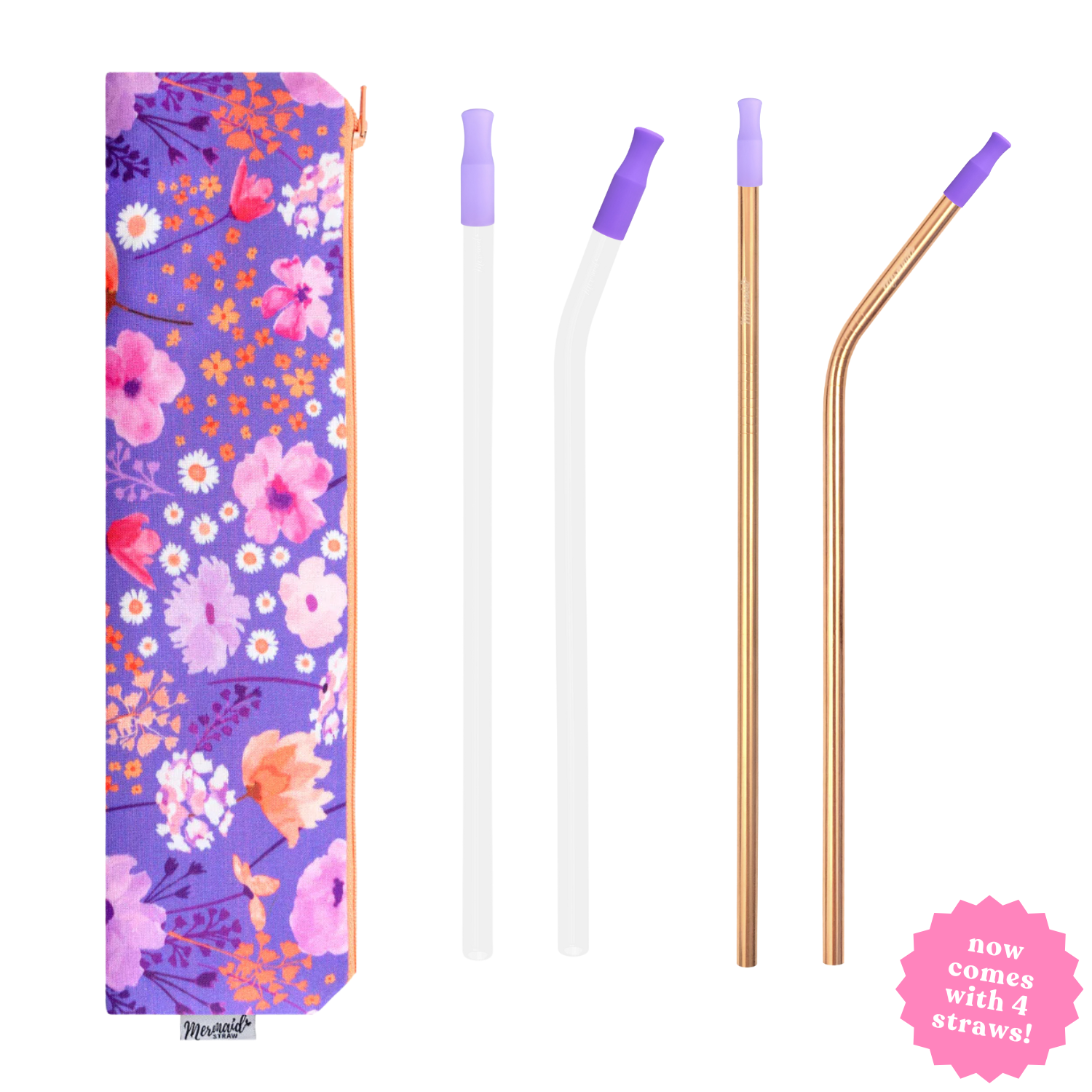 handmade lilac meadow zipper pouch straw pack with two white glass straws, two rose gold stainless steel straws and silicone straw tips; mermaid straw