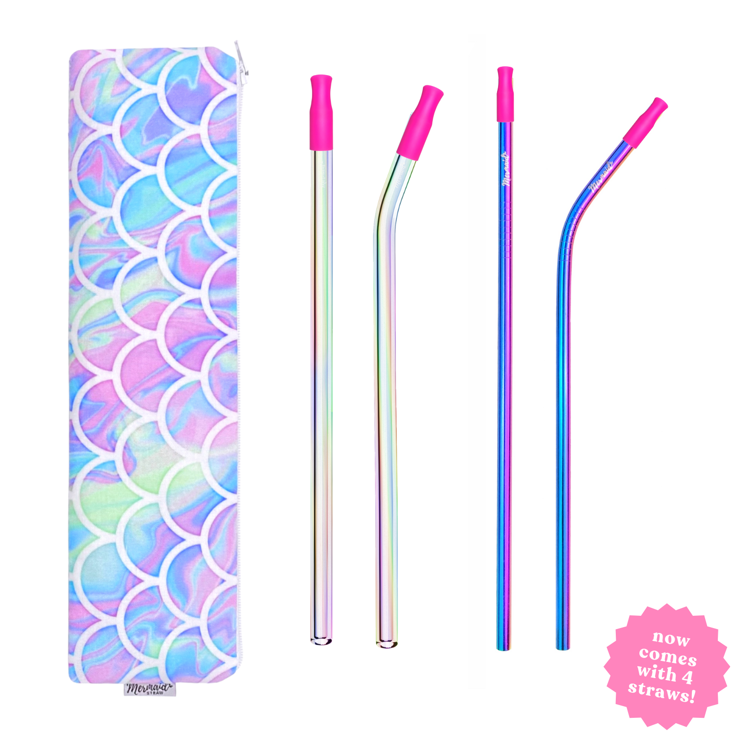 handmade mermaid scales zipper pouch straw pack with two mermaid glass straws, two mermaid stainless steel straw and silicone straw tips; mermaid straw