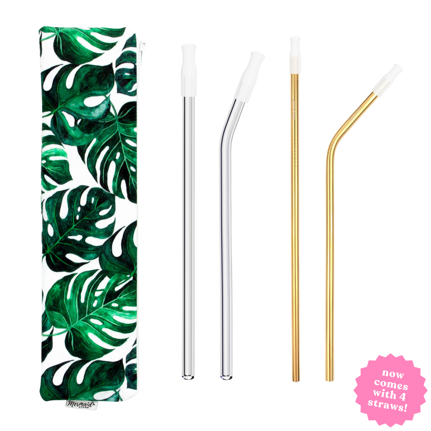 mosntera zipper pouch straw pack with two clear glass straws, two gold stainless steel straws and silicon straw tips; mermaid straw