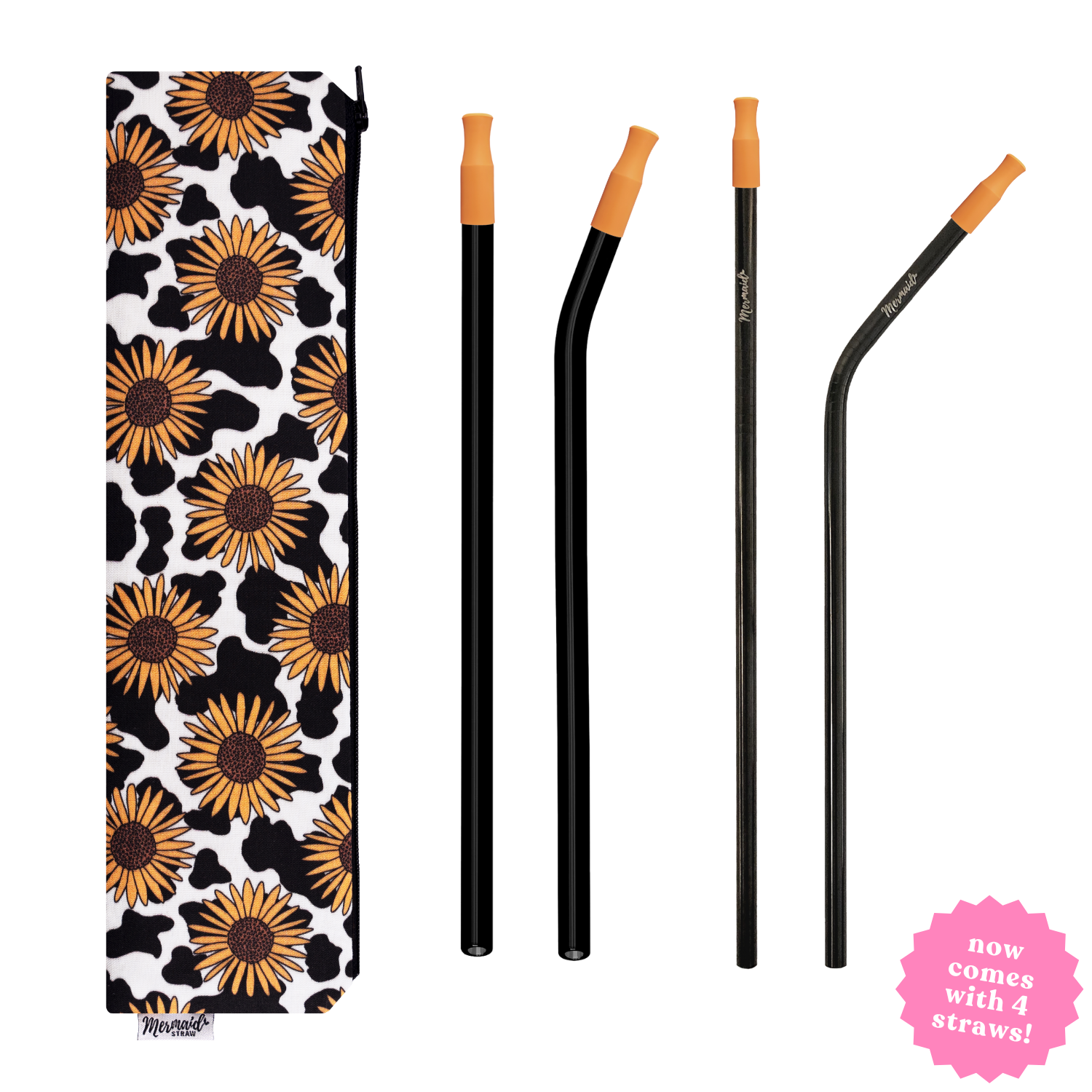 handmade moo flower zipper pouch pack with two siren glass straws, two siren stainless steel straws and silicone straw tips