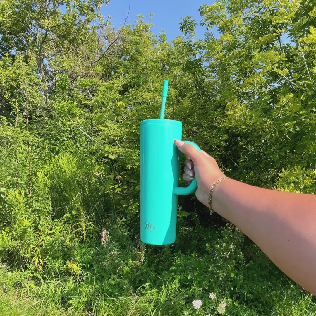 teal tumbler, pastel tumbler, tumbler with handle, trendy 30oz cup, leakproof tumbler, cute trendy cup, travel mug, straw included, keeps drinks cold, aesthetic cup