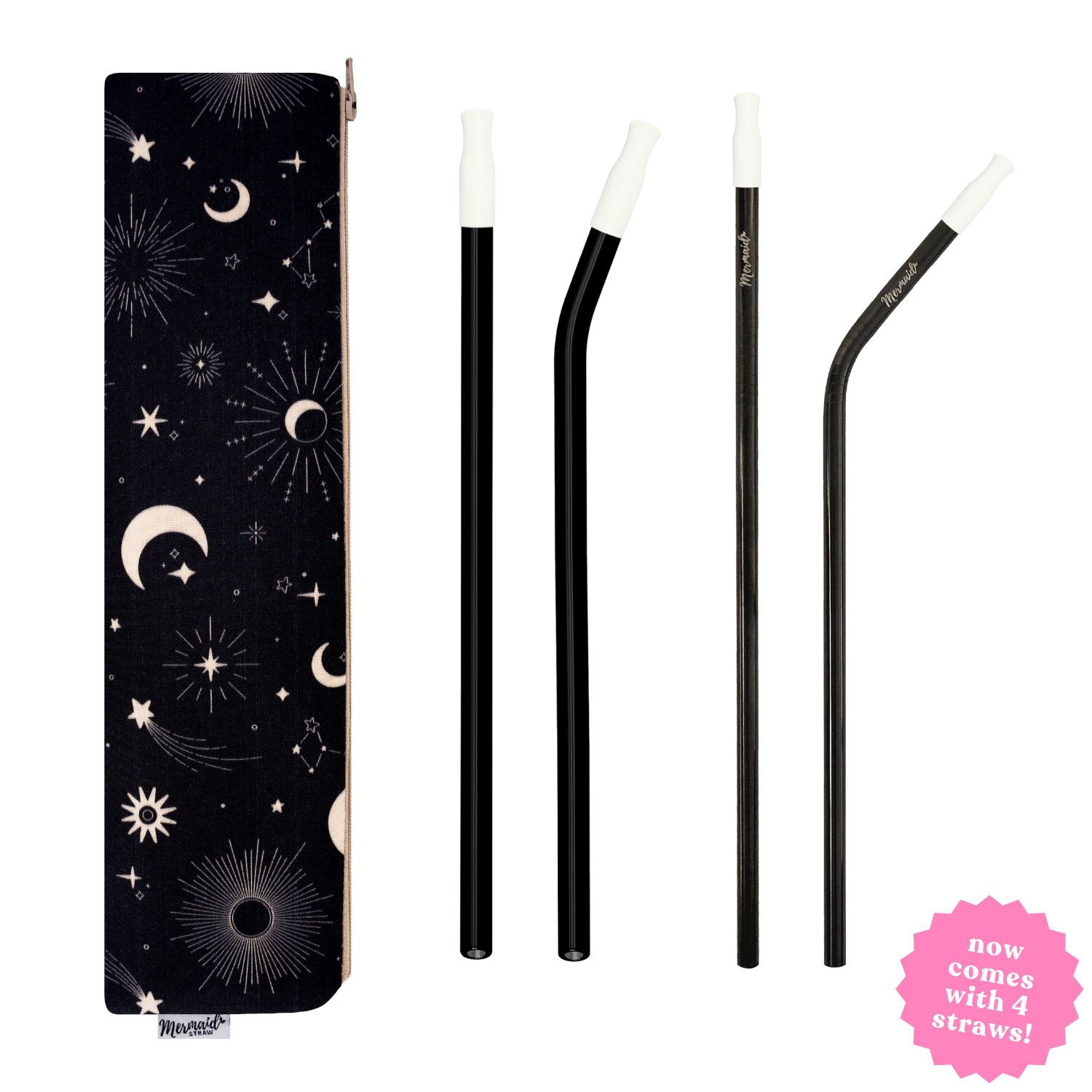 handmade sun & moon zipper pouch straw pack with two black glass straws, two black stainless steel straws and silicone straw tips