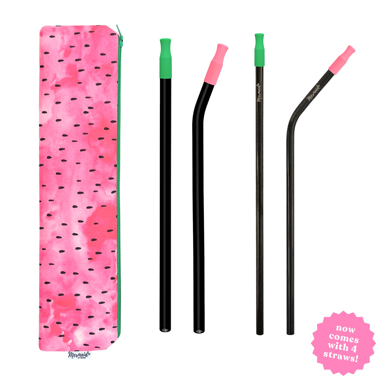 handmade watermelon zipper pouch straw pack with two black glass straws, two black stainless steel straws and silicone straw tips