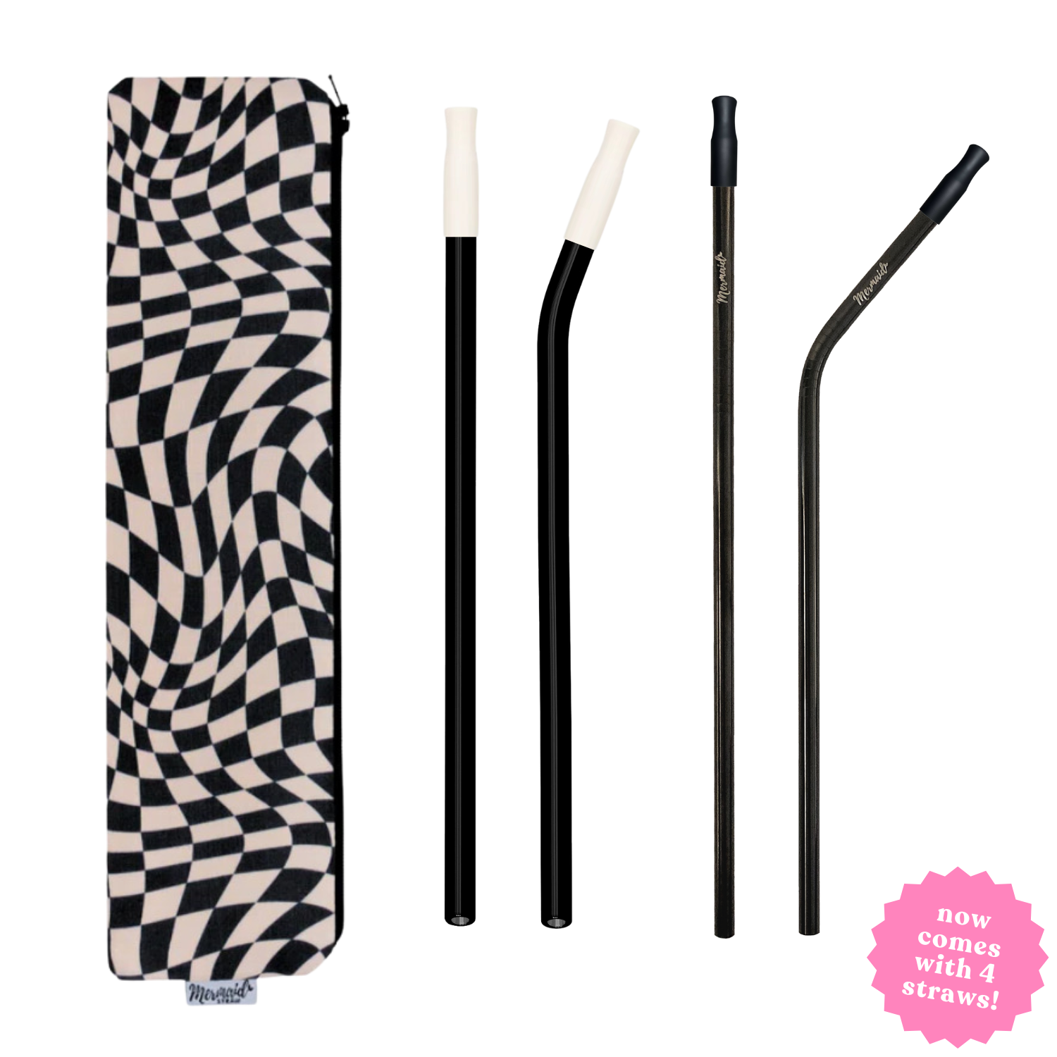 handmade wavy checker zipper pouch  pack with two siren glass straws, two siren stainless steel straws and silicone straw tips