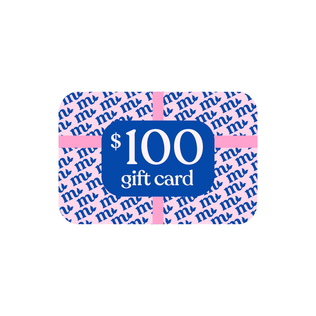 $100 gift card with pink and blue design on a white background