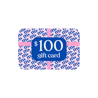 $100 gift card with pink and blue design on a white background