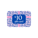 $10 gift card with pink and blue design on a white background