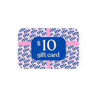 $10 gift card with pink and blue design on a white background