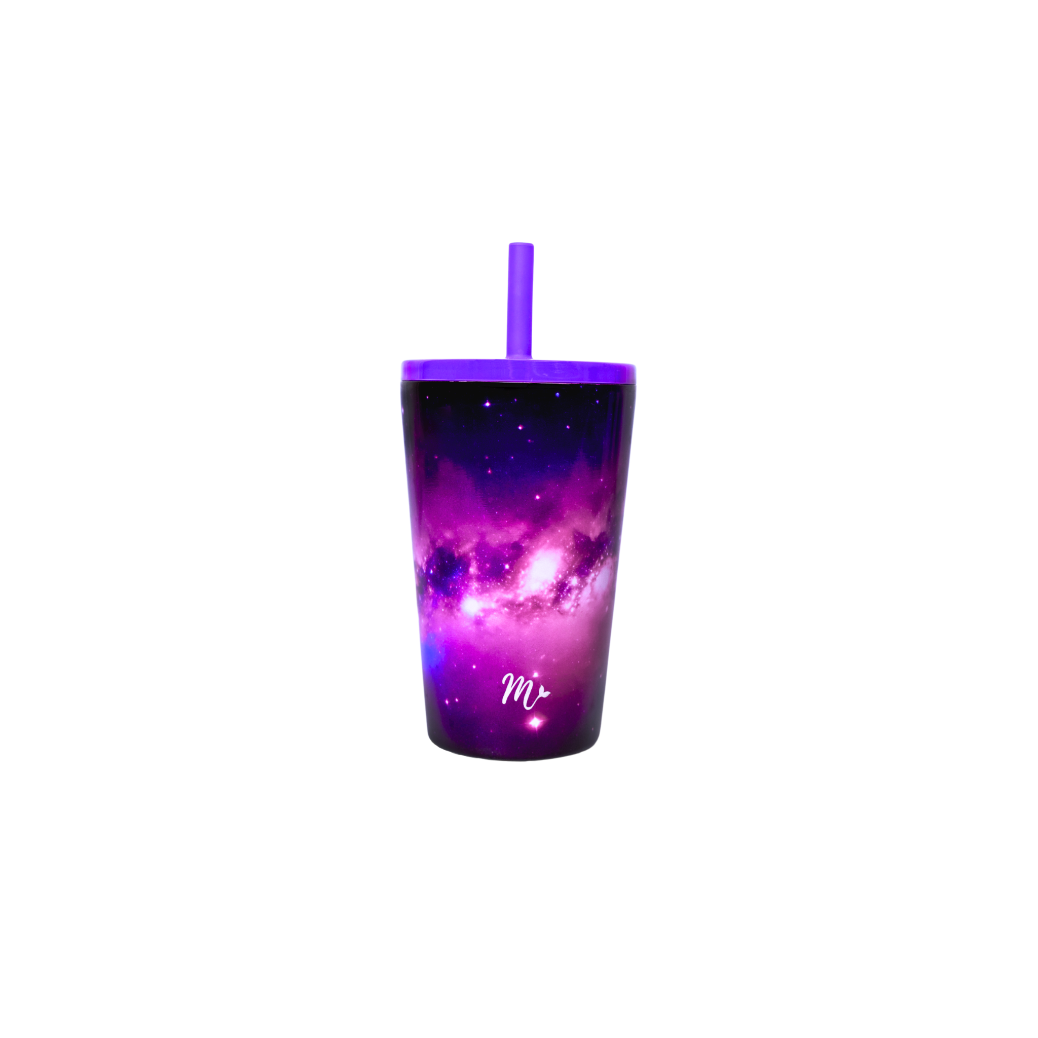 14 oz stainless steel cup with a galaxy design in purple tones and a purple straw, against a plain white background.