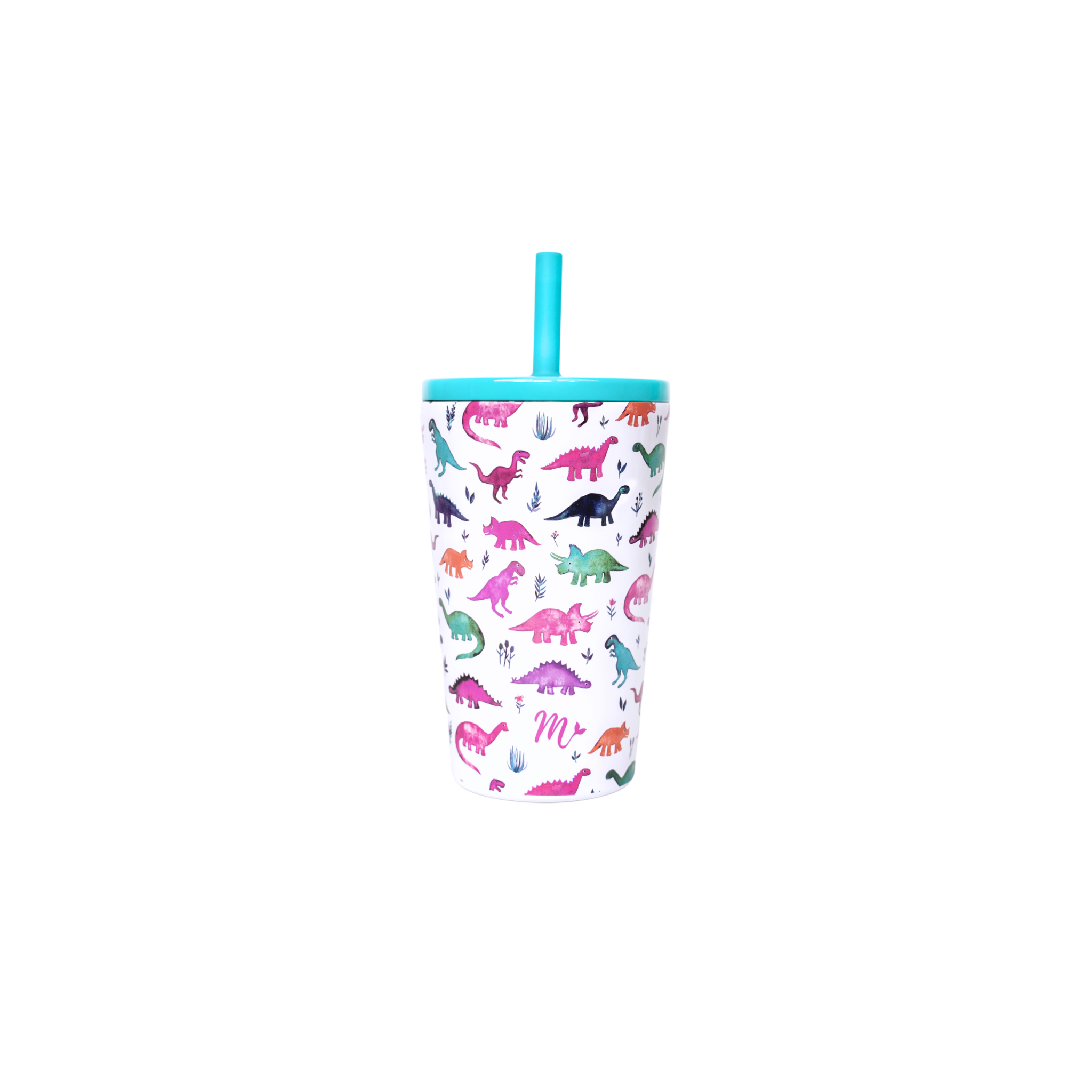 14 oz stainless steel cup with a colorful dinosaur design and a turquoise straw, against a plain white background.