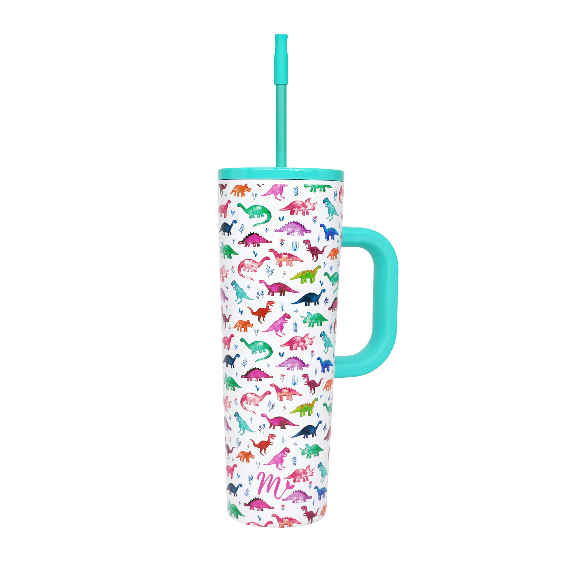 dinosaur tumbler, kids tumbler, tumbler with handle, trendy 30oz cup, leakproof tumbler, cute trendy cup, travel mug, straw included, keeps drinks cold, aesthetic cup