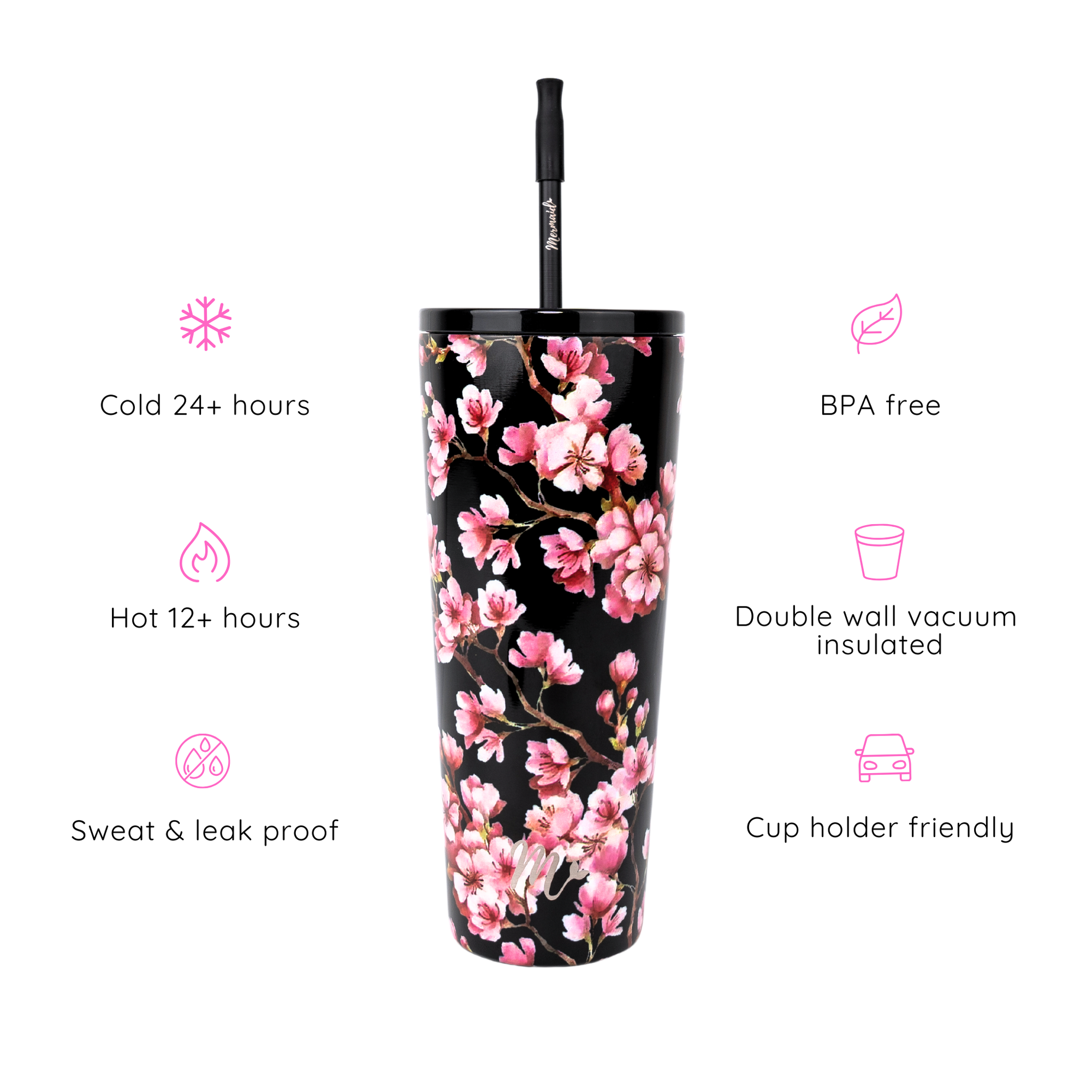 Black 22oz tumbler with a pink cherry blossom design, highlighting features such as keeping drinks cold for 24+ hours, hot for 12+ hours, BPA free, double wall vacuum insulated, sweat and leak proof, and cup holder friendly.
