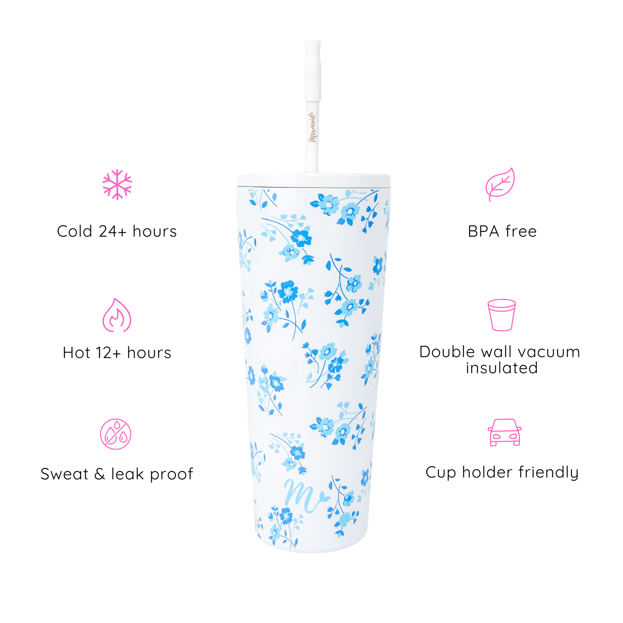 22oz forget-me-not tumbler with key features highlighted: keeps drinks cold for 24+ hours and hot for 12+ hours, sweat and leak proof, BPA free, double wall vacuum insulated, and cup holder friendly.
