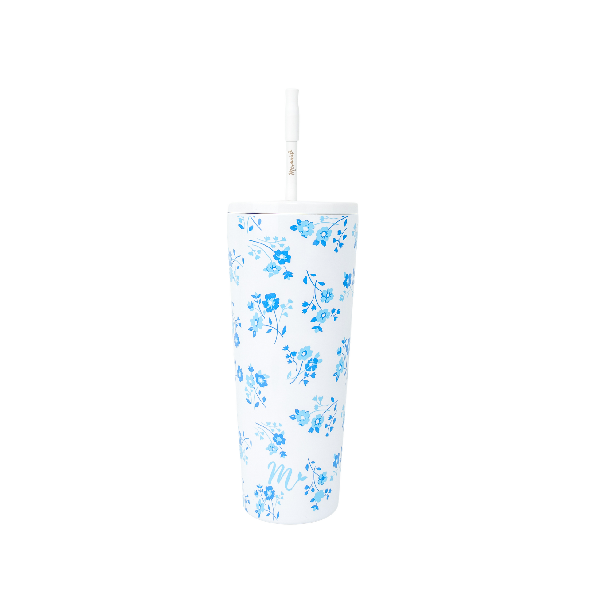 22oz tumbler with a blue forget-me-not floral design on a white background, featuring a matching straw and sleek, modern style perfect for beverages on the go.