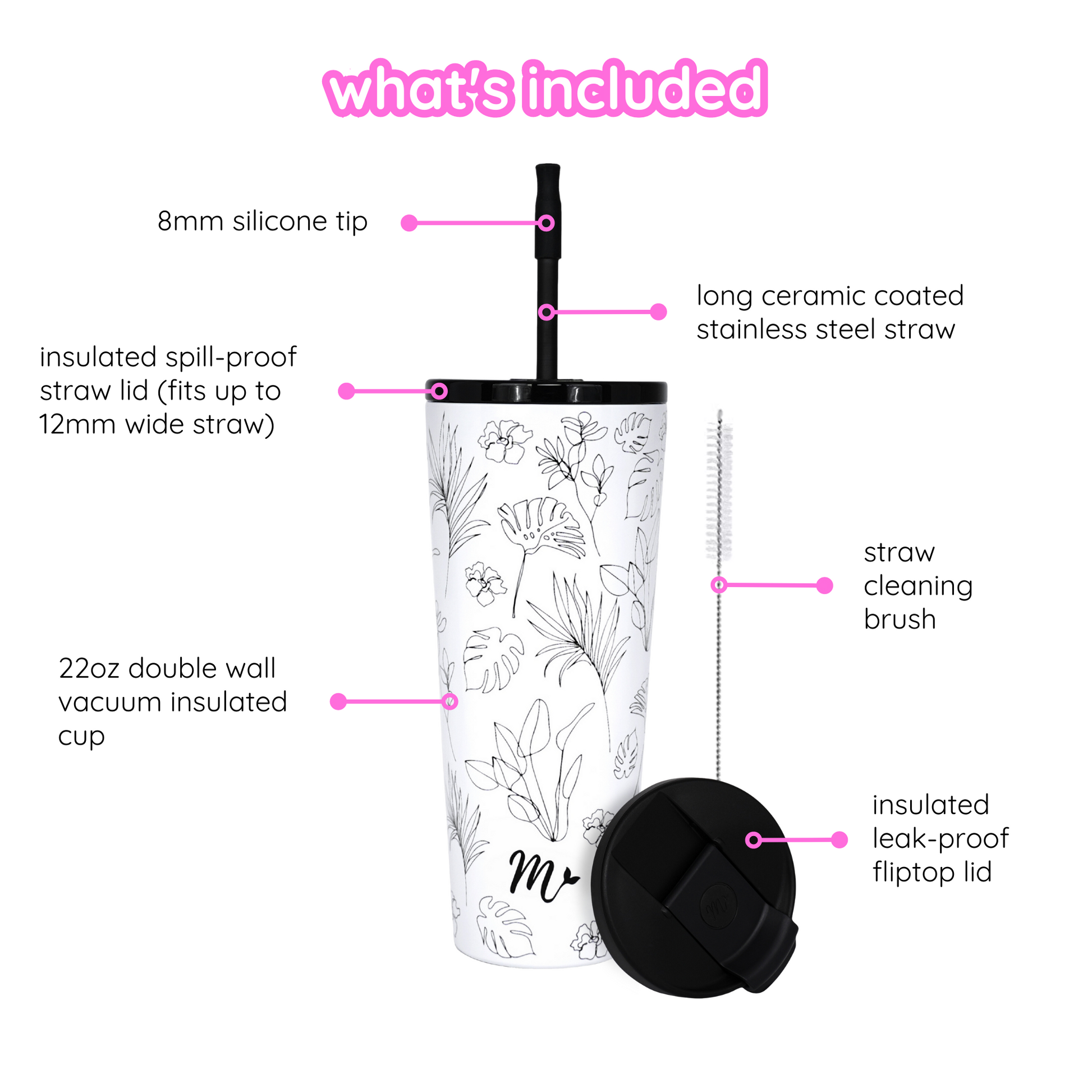floral tumbler, cute neutral cup, black and white tumbler, travel mug, straw included, keeps drinks cold