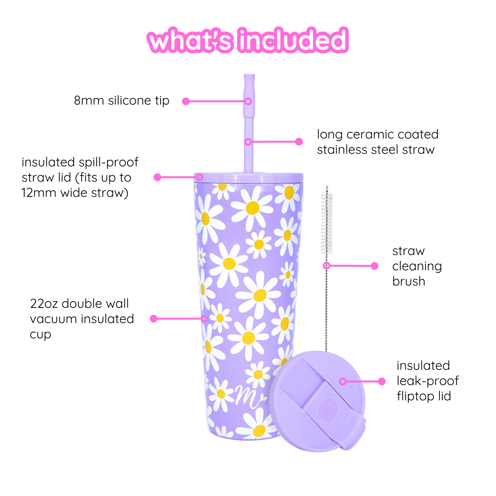 pastel tumbler, cute flower tumbler, leakproof tumbler, keeps cups cold, straw included