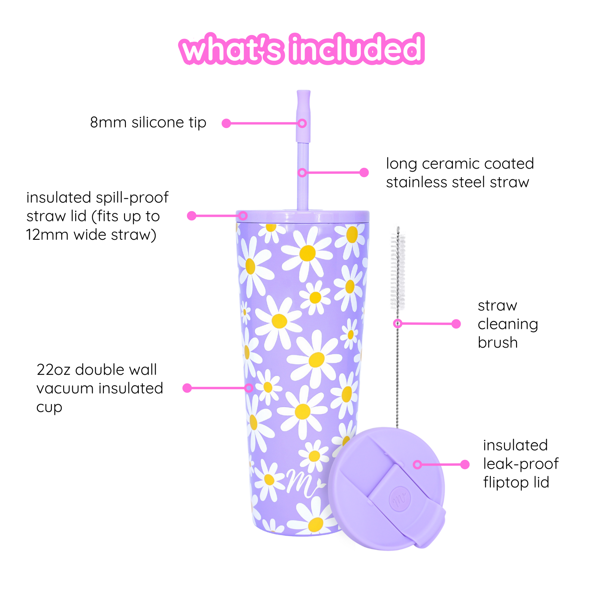 pastel tumbler, cute flower tumbler, leakproof tumbler, keeps cups cold, straw included