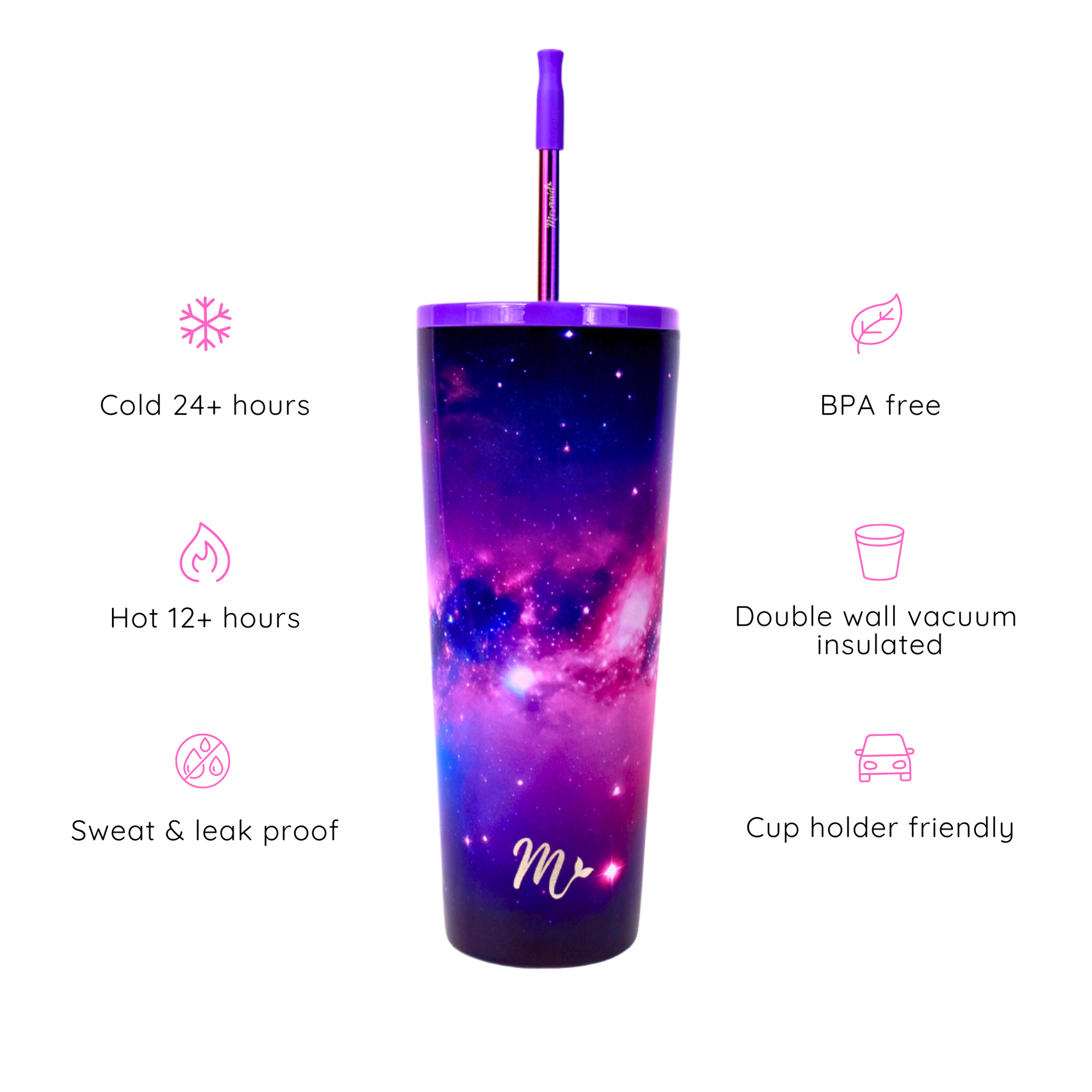 20oz galaxy vacuum insulated, sweat proof, cup holder friendly tumbler, Mermaid Straw