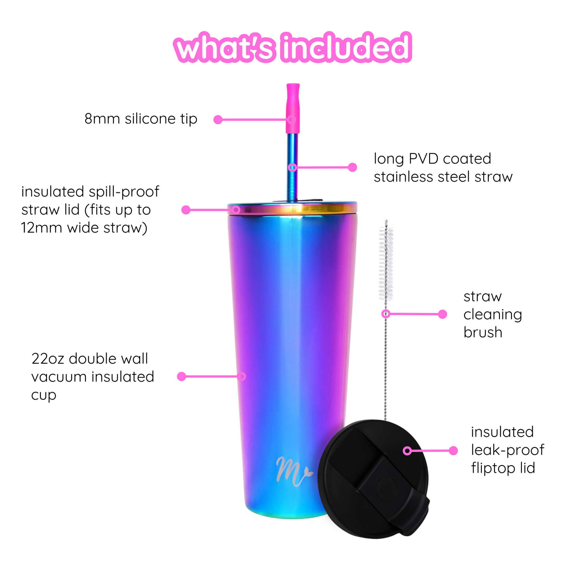 chrome tumbler, iridescent tumbler, leakproof tumbler, cute trendy cup, travel mug, straw included, keeps drinks cold