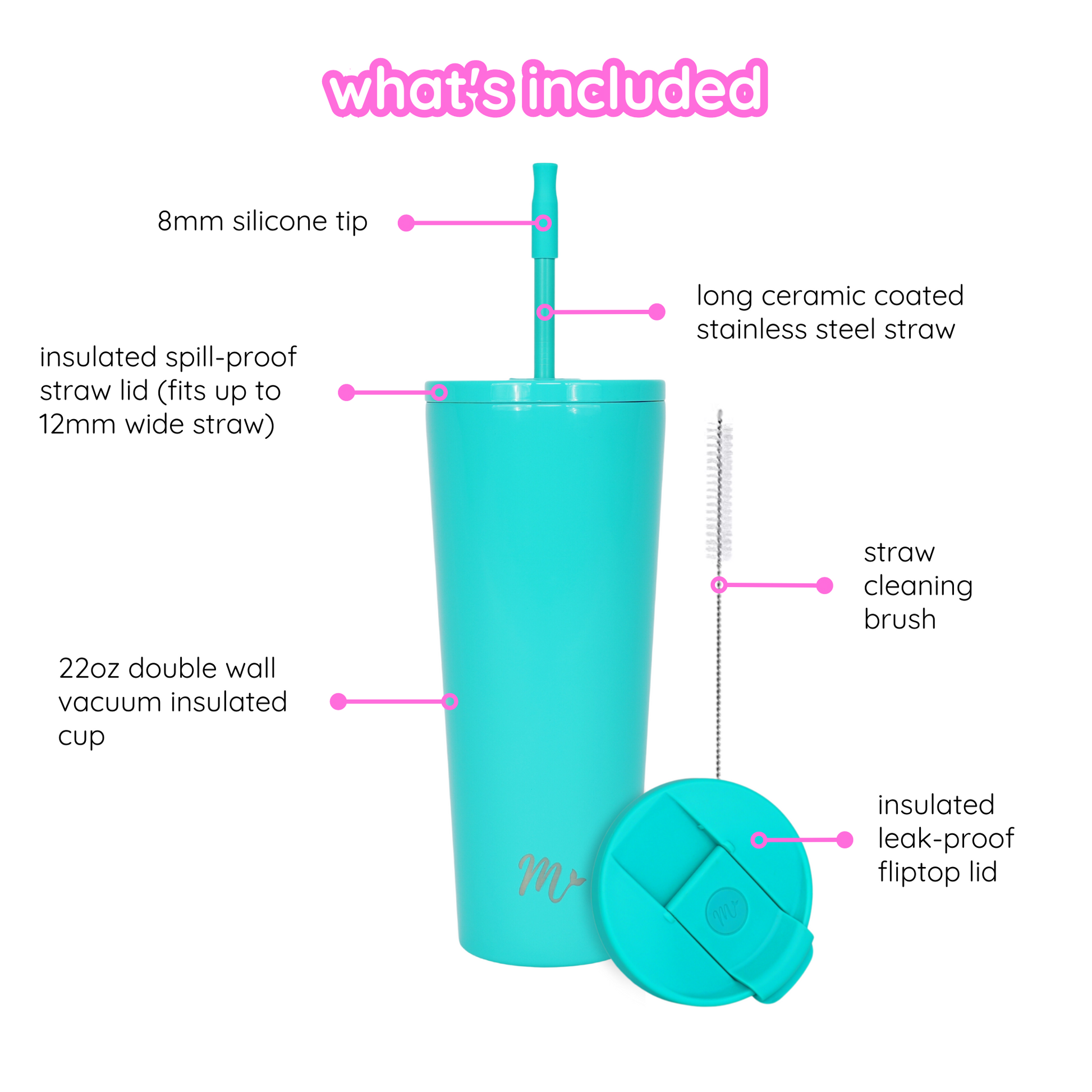 teal tumbler, bright tumbler, trendy 22oz cup, leakproof tumbler, cute trendy cup, travel mug, straw included, keeps drinks cold, aesthetic cup