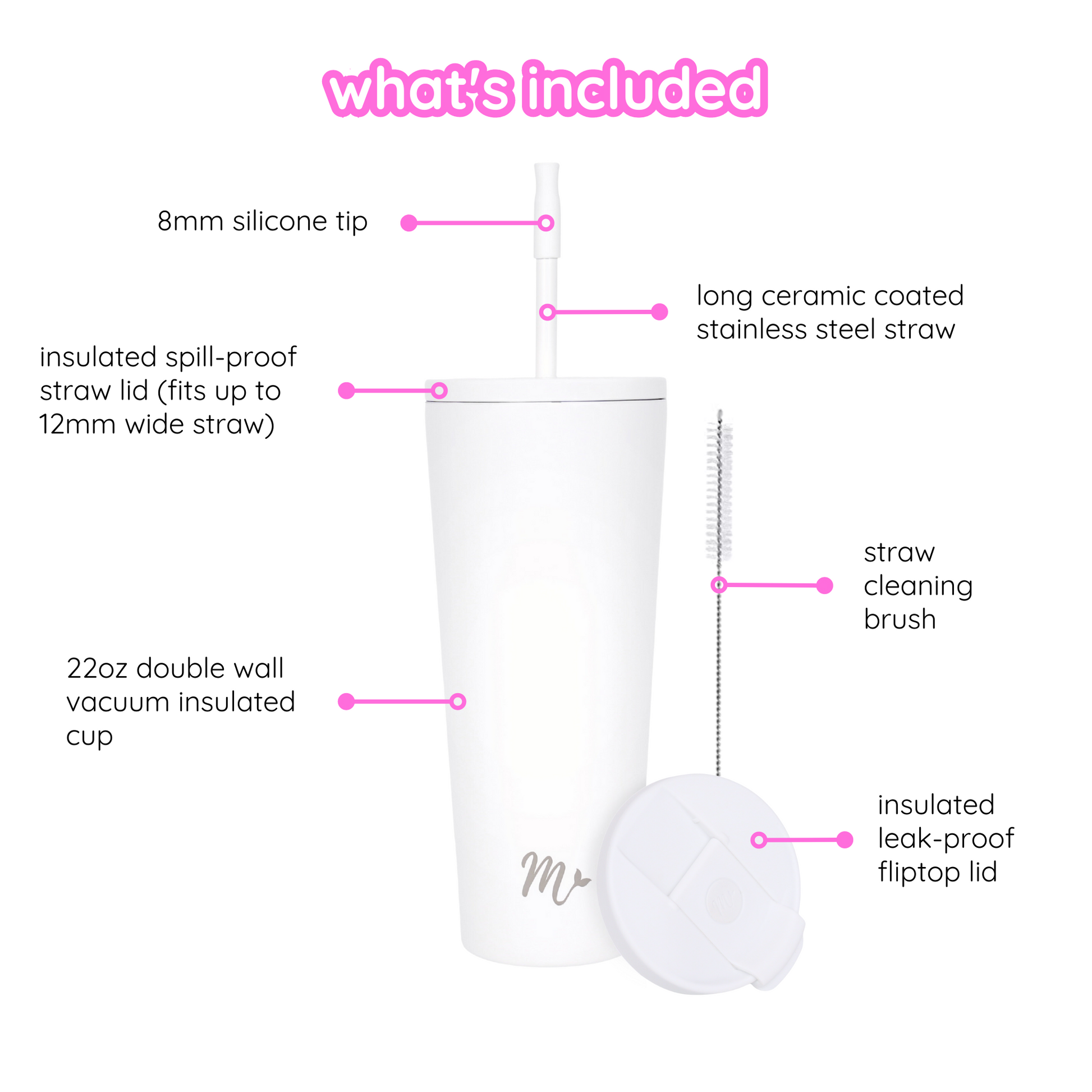 white tumbler, neutral tumbler, trendy 22oz cup, leakproof tumbler, cute trendy cup, travel mug, straw included, keeps drinks cold, aesthetic cup