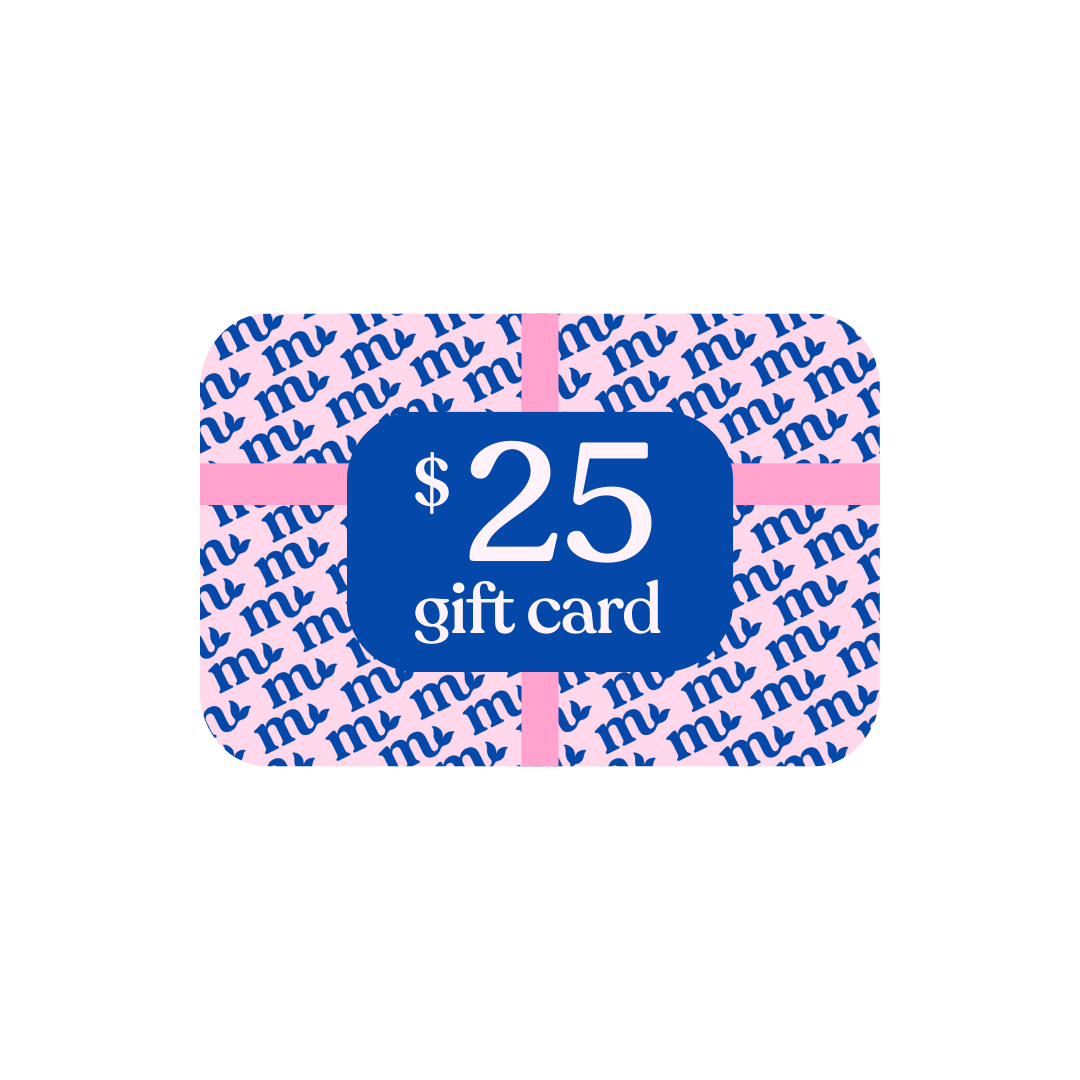 $25 gift card with pink and blue design on a white background