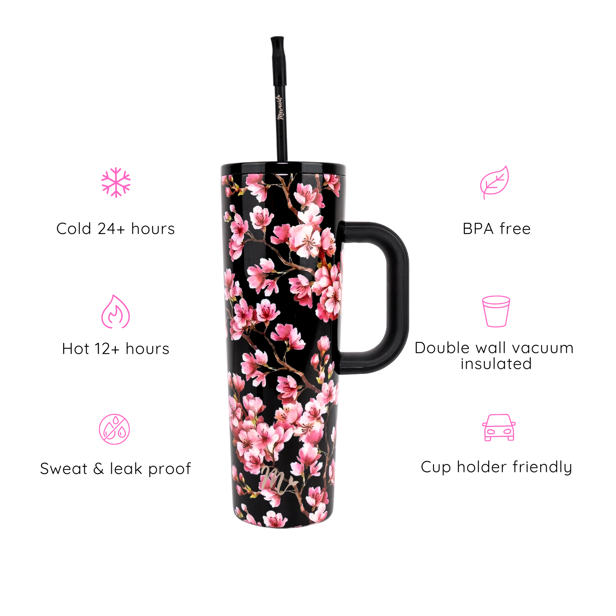 Black 30oz tumbler with a pink cherry blossom design and a black handle, highlighting features such as keeping drinks cold for 24+ hours, hot for 12+ hours, BPA free, double wall vacuum insulated, sweat and leak proof, and cup holder friendly.
