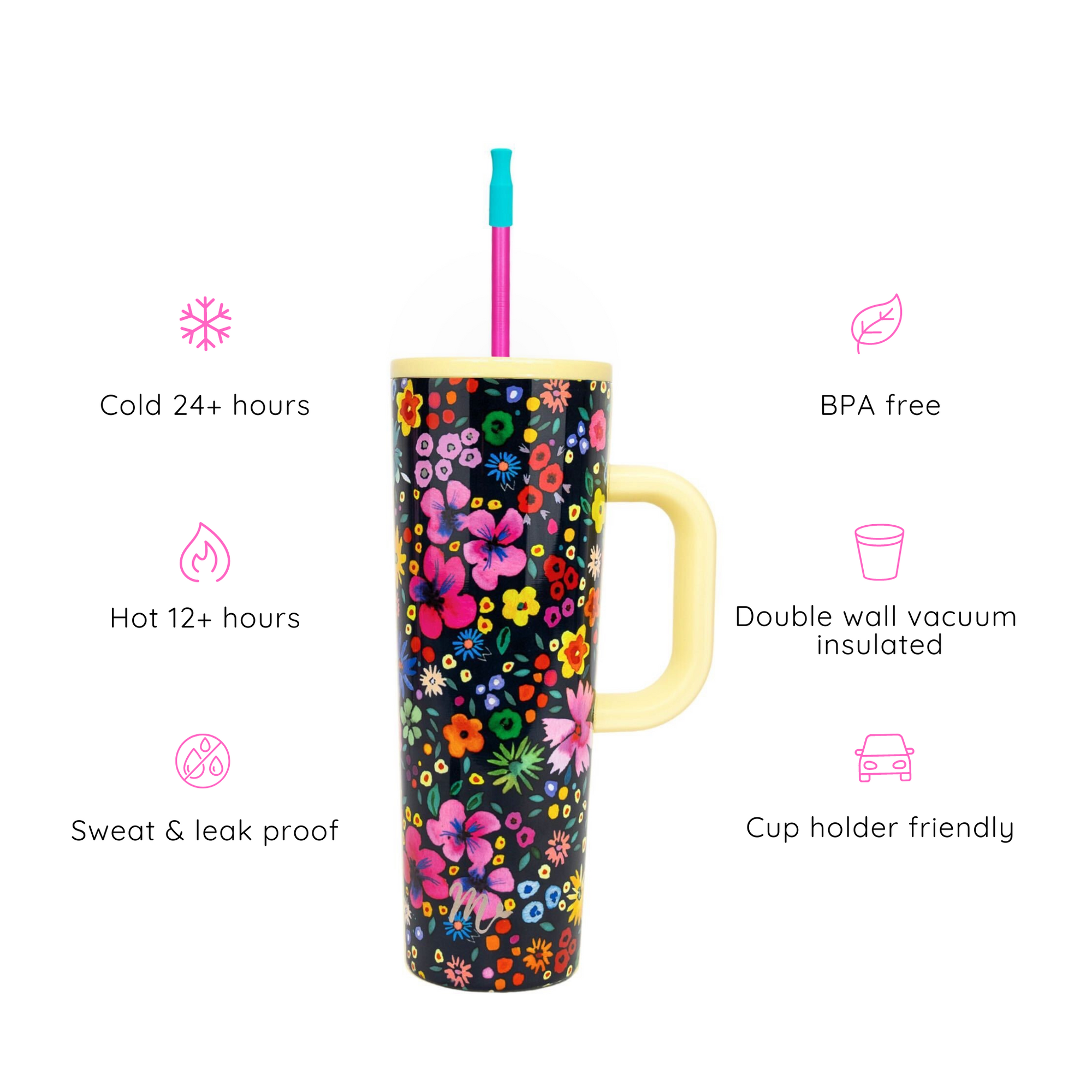 30oz ditzy floral tumbler with key features highlighted: keeps drinks cold for 24+ hours and hot for 12+ hours, sweat and leak proof, BPA free, double wall vacuum insulated, and cup holder friendly. Perfect for maintaining beverage temperature with a vibrant design.