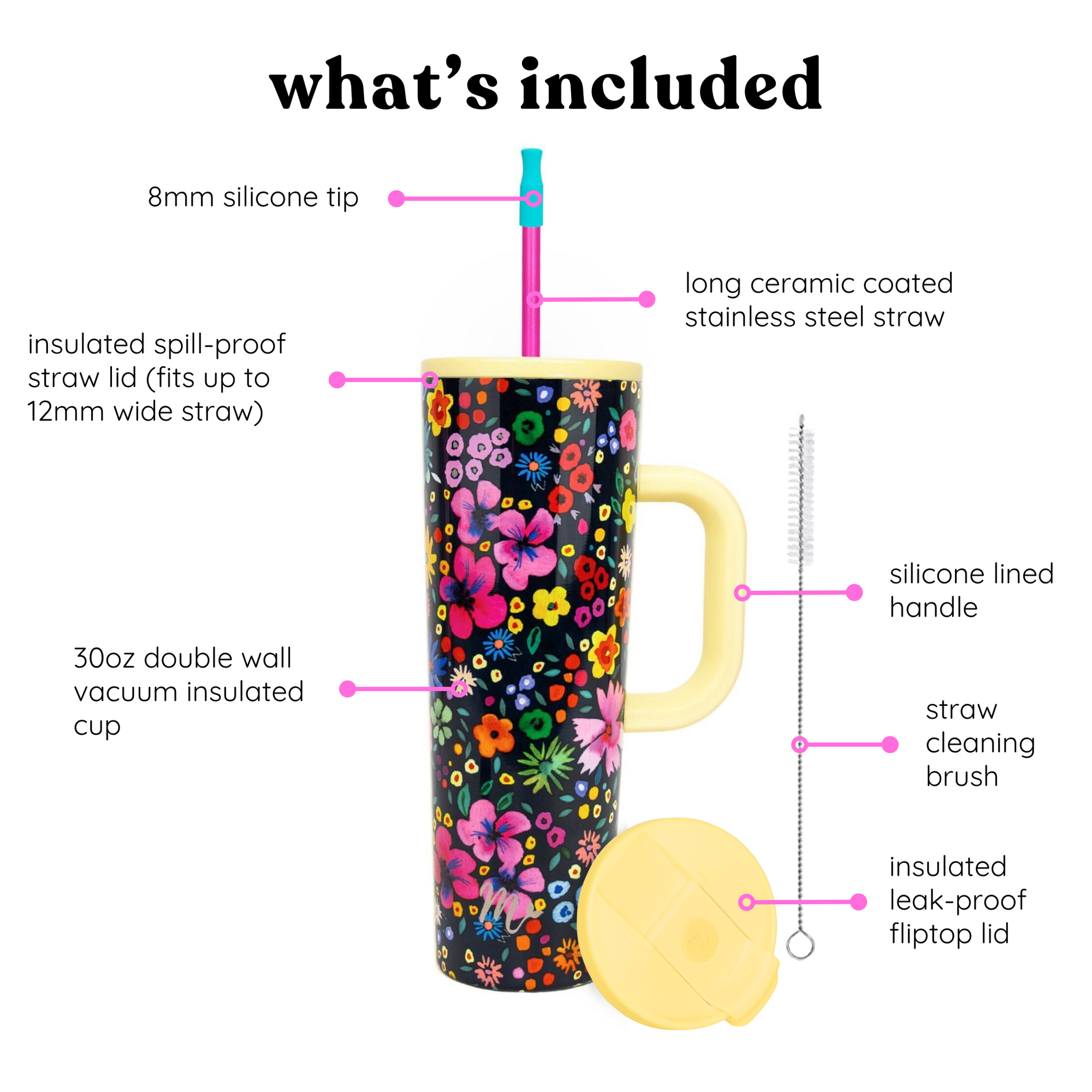 Diagram showing what's included with the 30oz ditzy floral tumbler: 8mm silicone tip, long ceramic coated stainless steel straw, insulated spill-proof straw lid (fits up to 12mm wide straw), 30oz double wall vacuum insulated cup, silicone lined handle, straw cleaning brush, and insulated leak-proof fliptop lid.