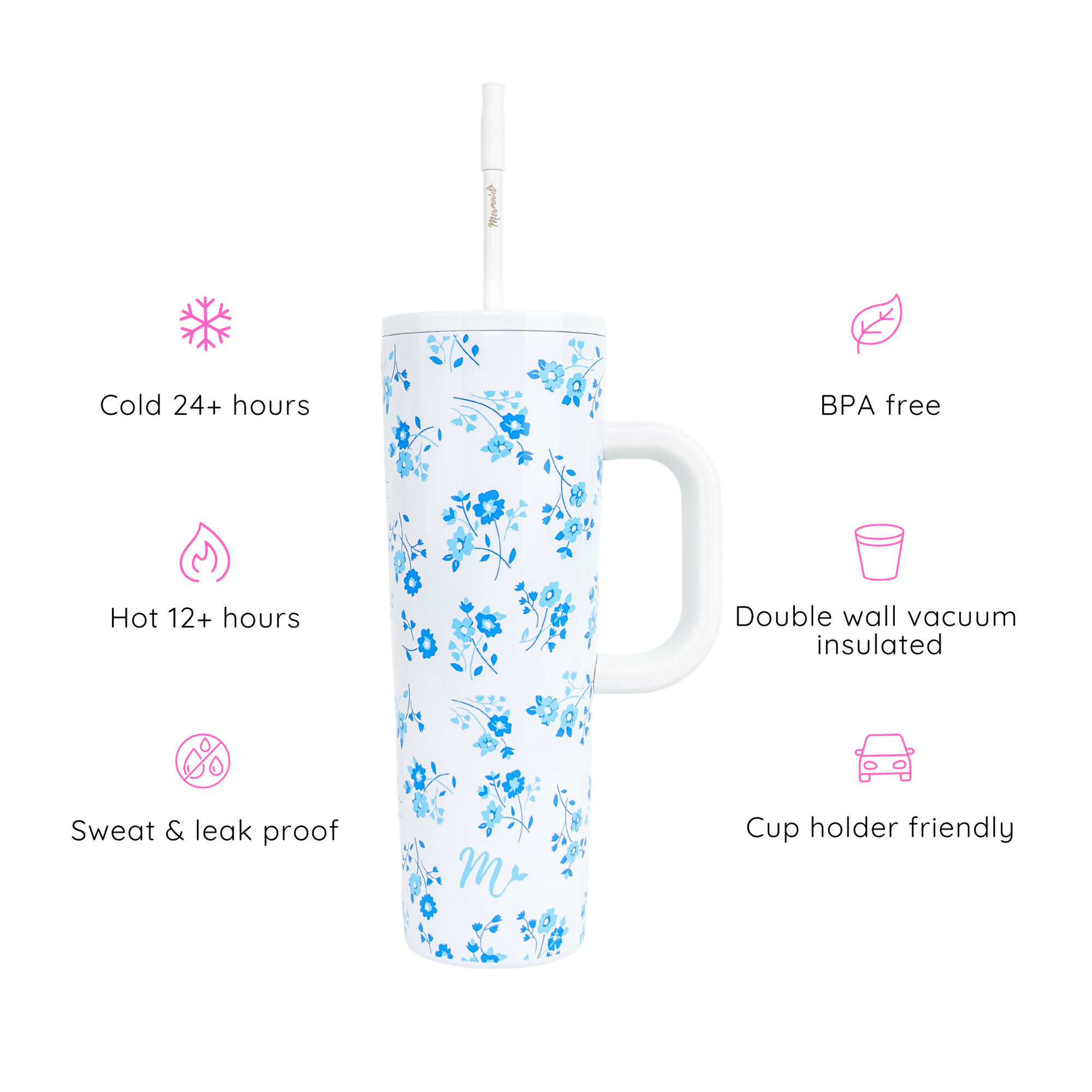 30oz forget-me-not tumbler with key features highlighted: keeps drinks cold for 24+ hours and hot for 12+ hours, sweat and leak proof, BPA free, double wall vacuum insulated, and cup holder friendly. Ideal for maintaining beverage temperature on the go.