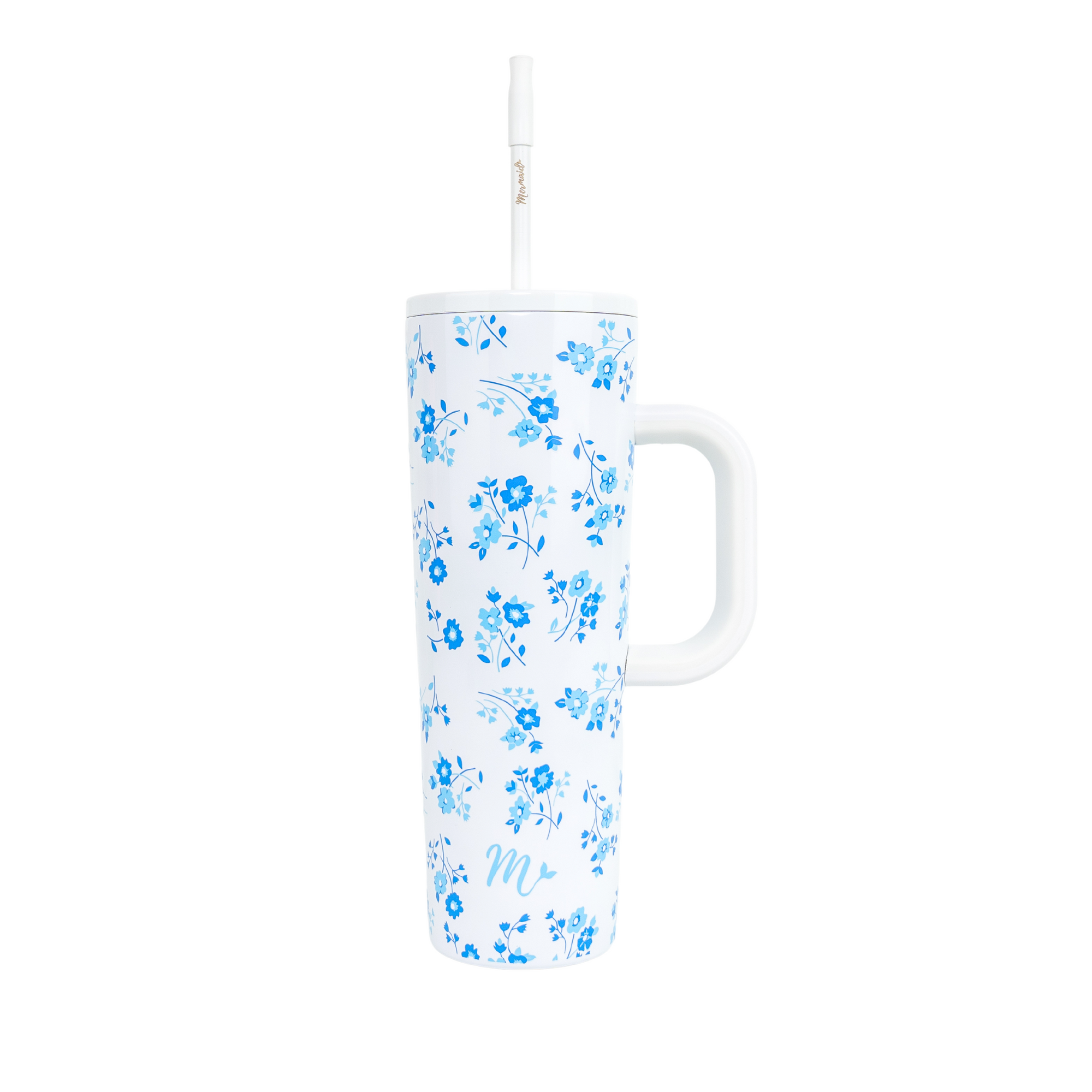 30oz tumbler with a blue forget-me-not floral design, featuring a handle and matching straw. The tumbler's large size and ergonomic handle make it perfect for staying hydrated on the go.
