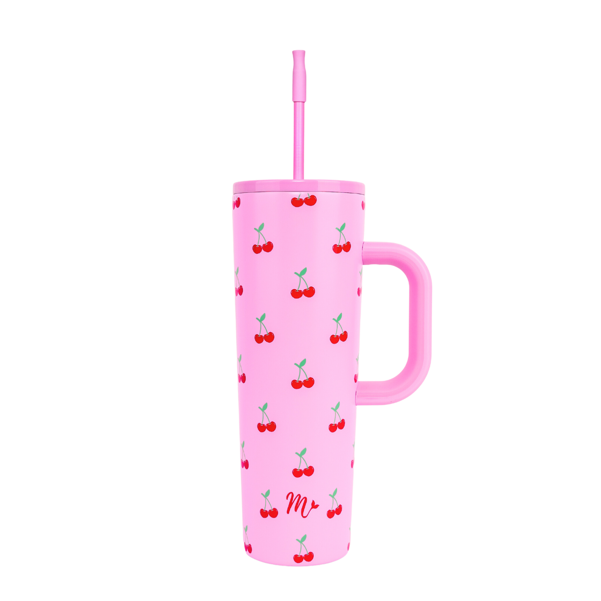 Pink 30oz tumbler with a repeating cherry pattern, featuring a matching pink handle and straw with a silicone tip