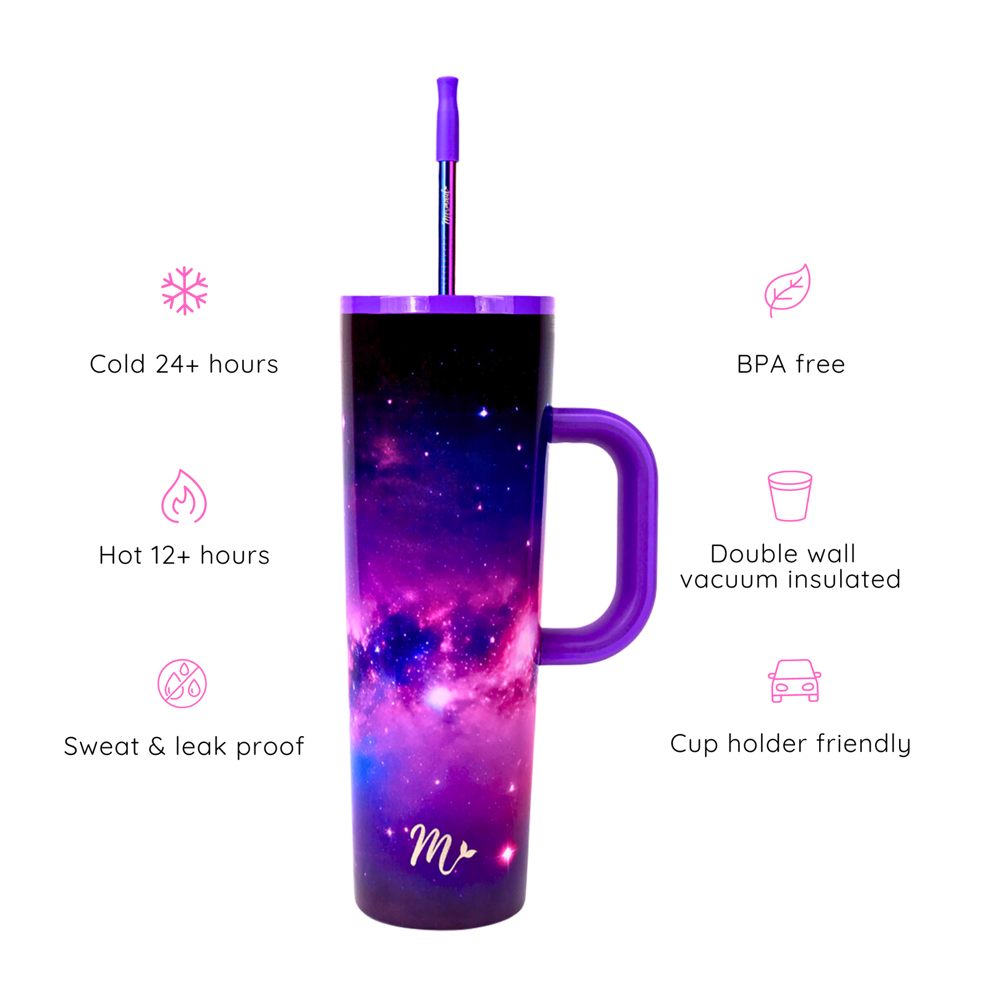 Insulated, leak-proof, galaxy print, 30oztumlbler with mermiad straw and silicone tip