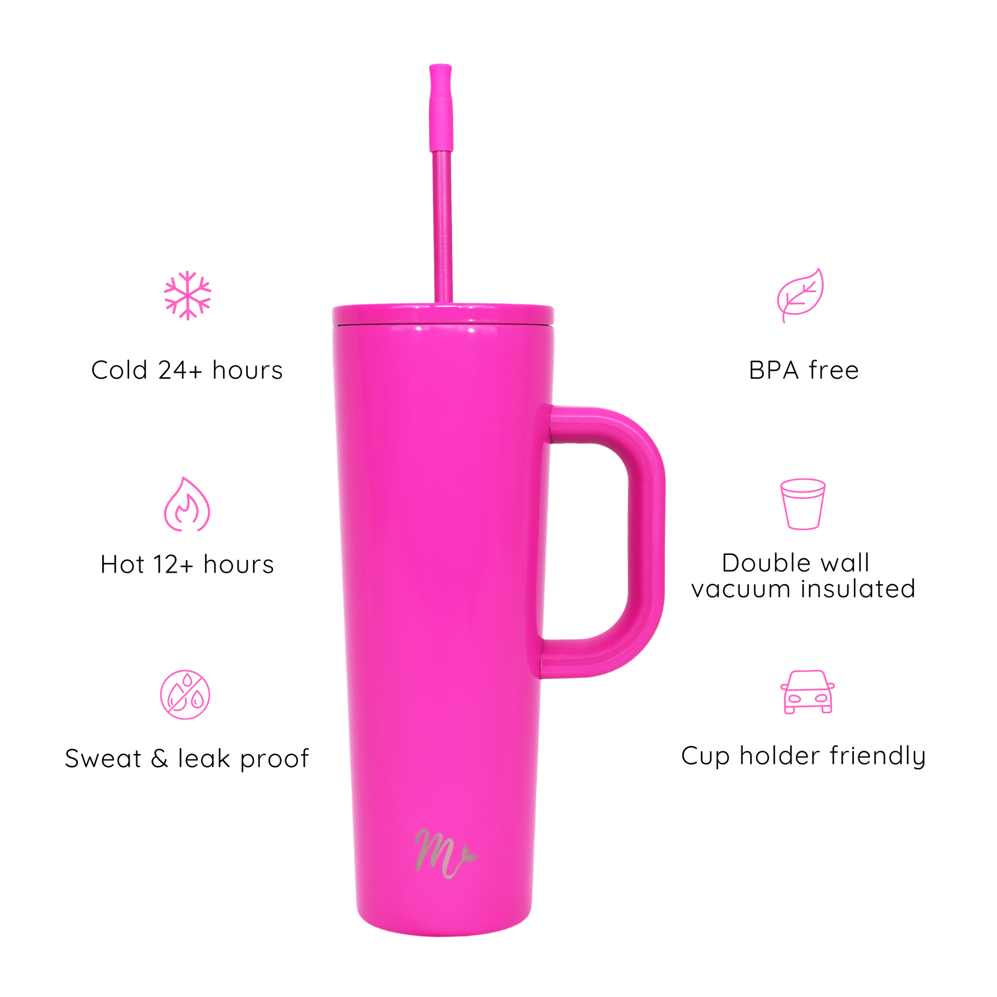 barbie pink tumbler, hot pink tumbler, tumbler with handle, trendy 30oz cup, leakproof tumbler, cute trendy cup, travel mug, straw included, keeps drinks cold, aesthetic cup