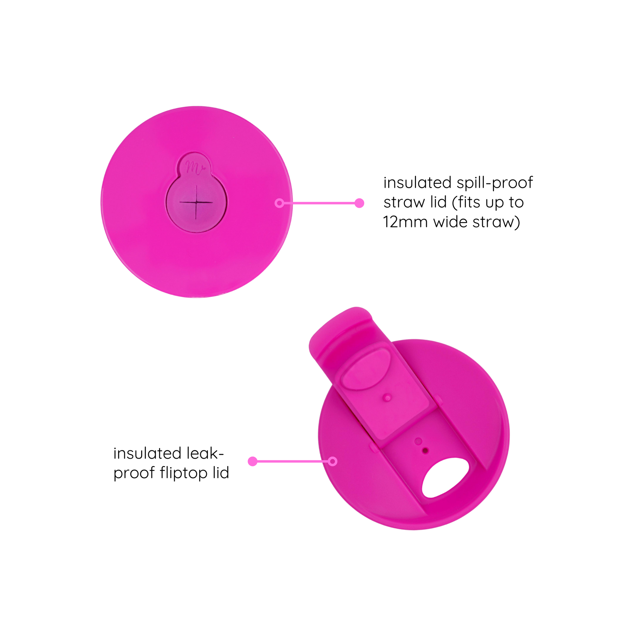 A pink insulated spill-proof straw lid and a pink insulated leak-proof fliptop lid