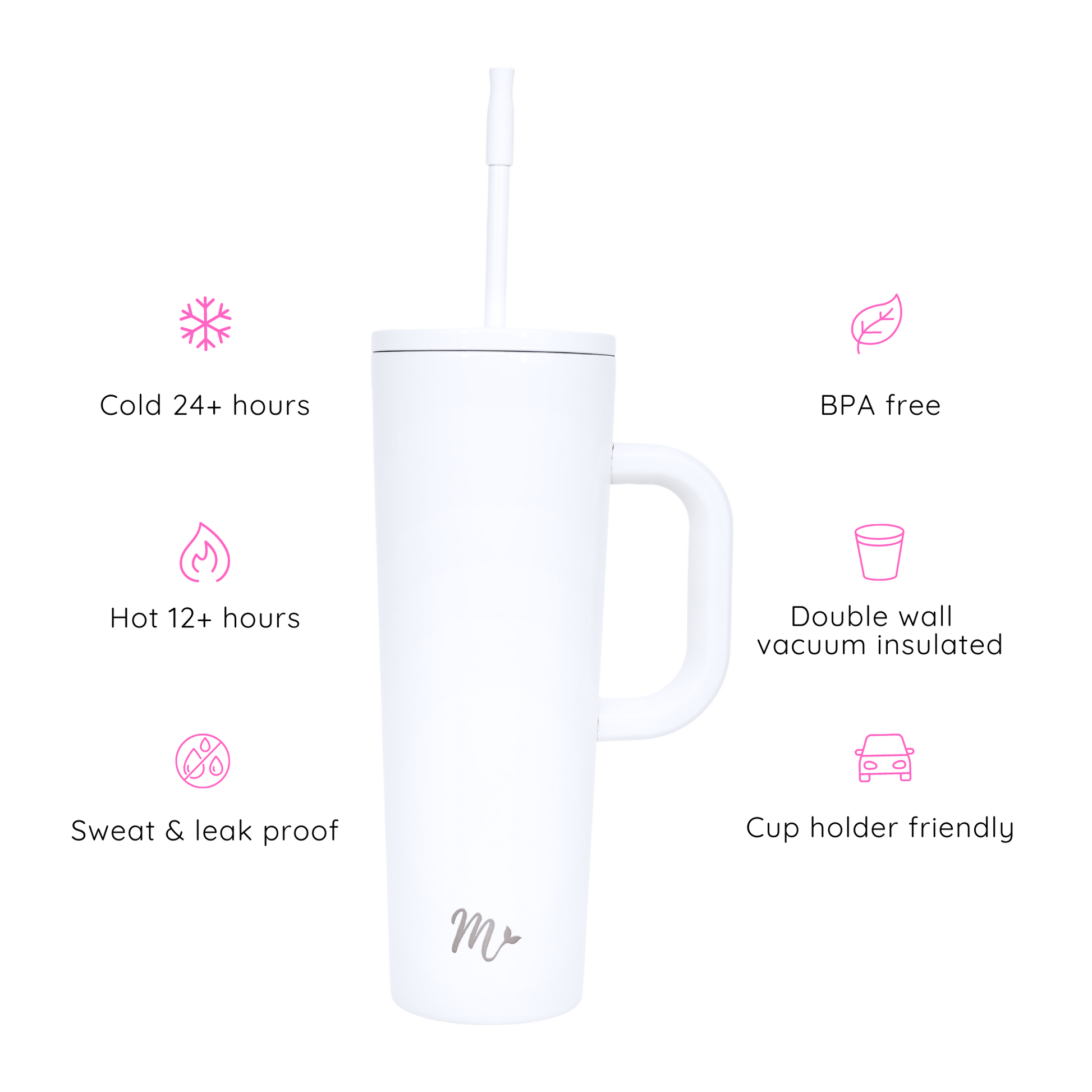 white tumbler, neutral tumbler, tumbler with handle, trendy 30oz cup, leakproof tumbler, cute trendy cup, travel mug, straw included, keeps drinks cold, aesthetic cup