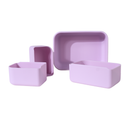 Set of purple silicone containers on a white background