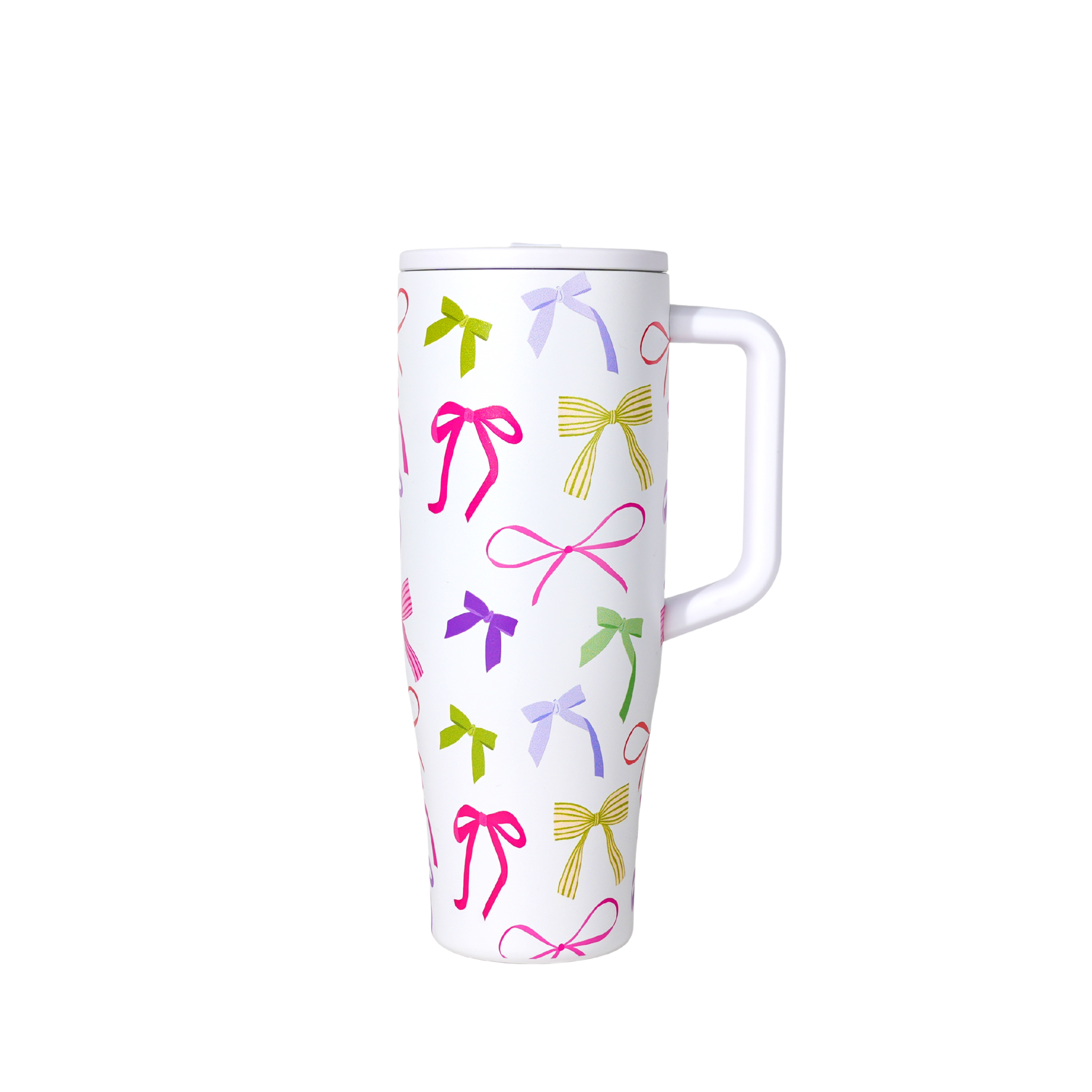 White mug with colorful bow pattern on a white background