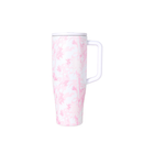 Pink and white marbled travel mug on a white background