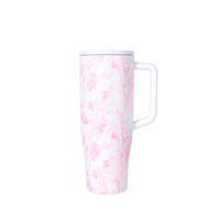 Pink and white marbled travel mug on a white background